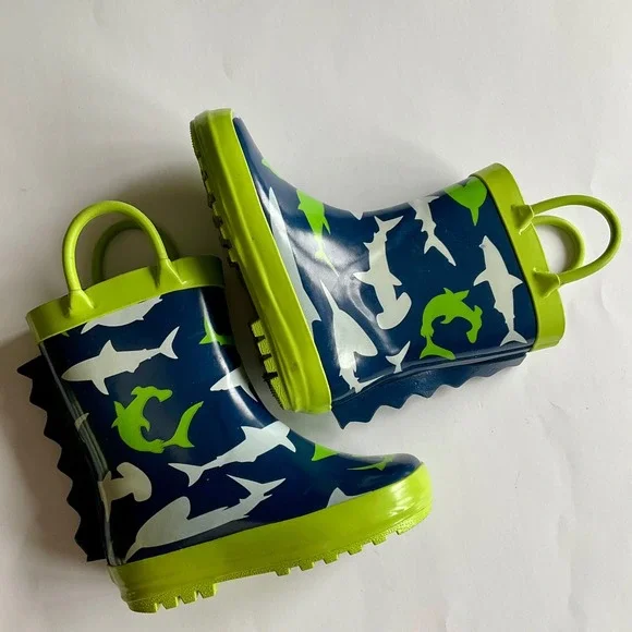 Kids Shark Print Rubber Rain Boots Blue Green 3D Fin‎ Size 6 Waterproof Unisex