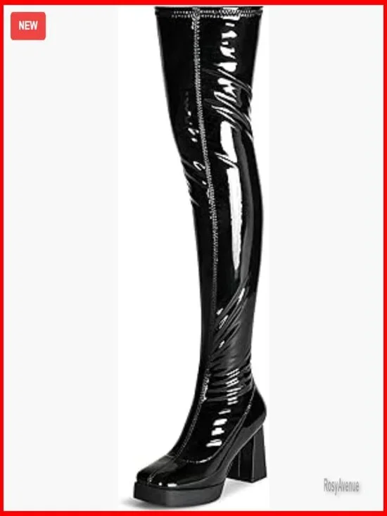 Platform Thigh High Boots Square Toe Chunky Heel Patent Leather Over Knee