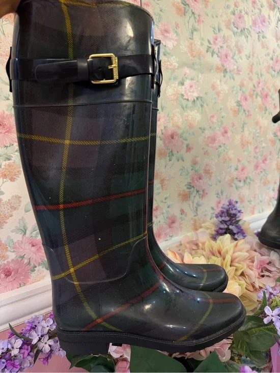 Ralph Lauren Dark Green Plaid Over-the-Knee Rain Boots