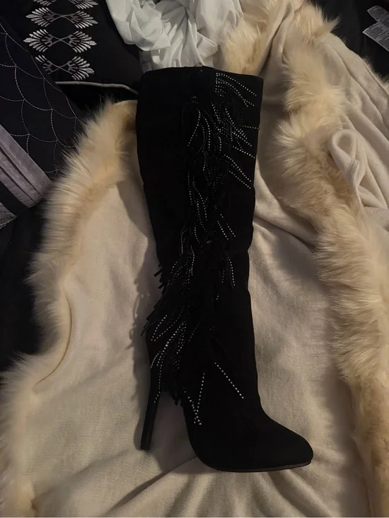 White House Black Market Black Suede Over-the-Knee Fringe Stiletto Boots
