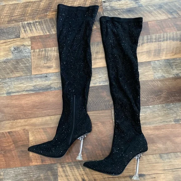 Elegant Black Over-the-Knee Boots with Clear Heels