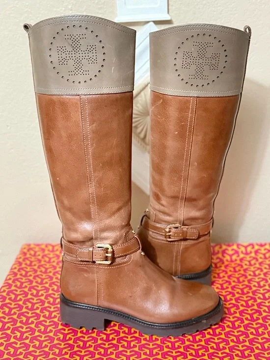 Tory Burch Two-Tone Brown and Taupe Over-the-Knee Leather Boots