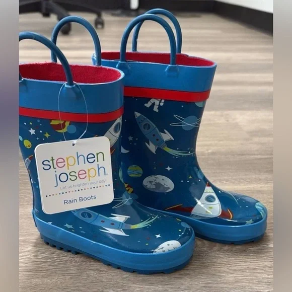 Stephen Joseph Rain Boots Boys Size 8 Space Rocket Planets Rubber NWT