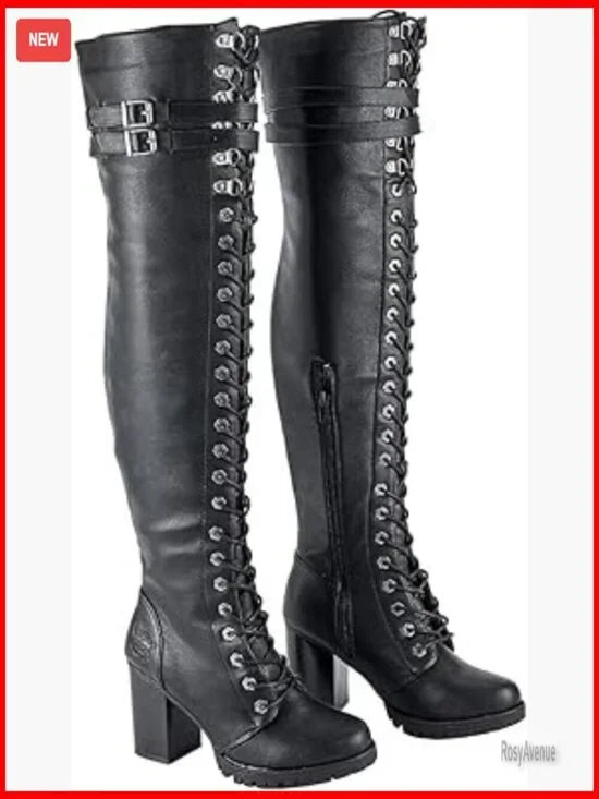 Faux Leather Over The Knee Boots Lace Up Chunky Heel Biker Style