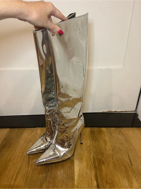 Metallic Silver Pointed-Toe Knee-High Stiletto Boots - Women