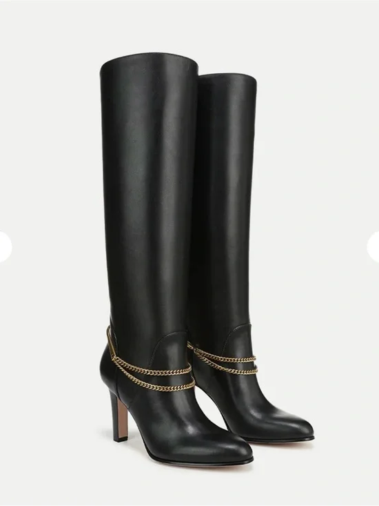 Veronica Beard Black Over-the-Knee Leather Boots with Gold Chain