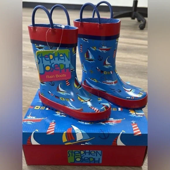 Stephen Joseph Rain Boots Boys Size 9 Sailboat, Boats, Anchor,Rubber  NWT