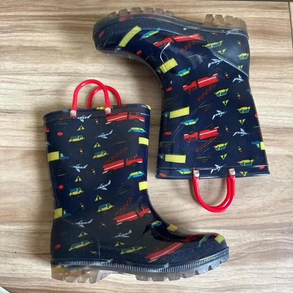 EUXTERPA kids boys vehicle Light-Up LED Rain Boots Cars Waterproof US13
