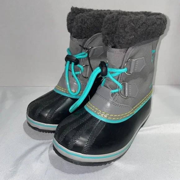 Sorel Yoot Pac Nylon Waterproof Winter‎ Boots Grey Black Teal NC1962-052 Kids 12