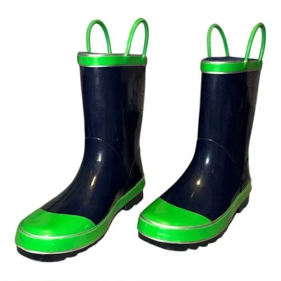 Northside Unisex Child Classic Rain Boots Navy Blue & Green Pull On 2M EUC