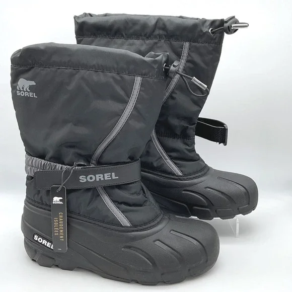 Sorel Youth Flurry Black City Grey Insulated Winter Snow Boots NY5192-016 Size 6
