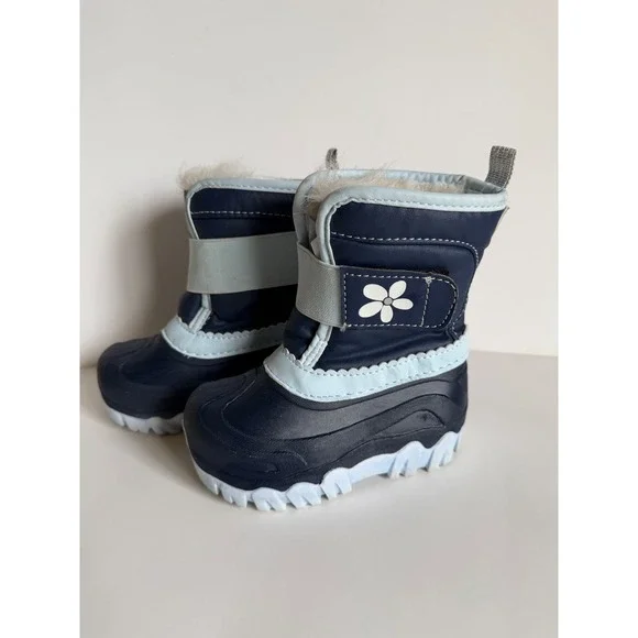 Member's Mark Toddler Girls Size 7/8 Navy Blue Flower Faux Fur Lined Snow Boots