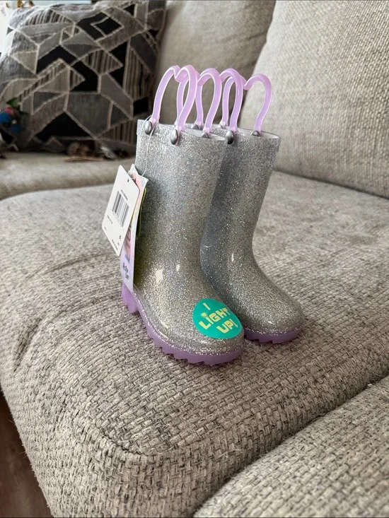 Western Chief Silver Glitter Rain Boots with Lavender Handles and Soles