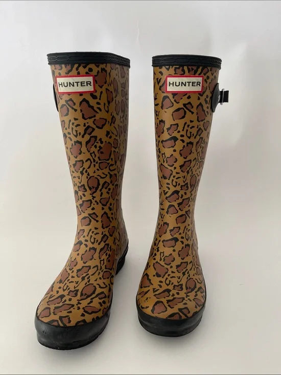 Hunter Kids Original Leopard Print Tall Rain Boots Black Brown Girls size 2