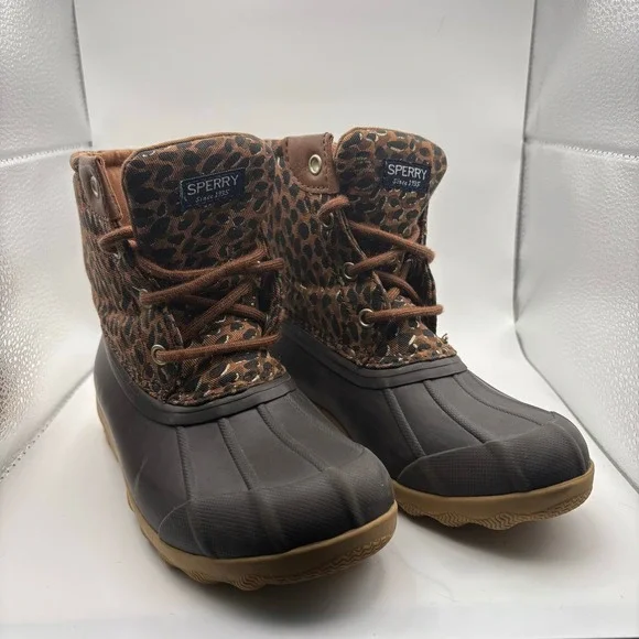Sperry Saltwater Leopard Print Duck Boots Brown Kids Girls Waterproof Shoes