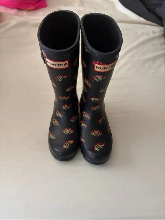 Hunter Kids Black Rain Boots with Rainbow Print