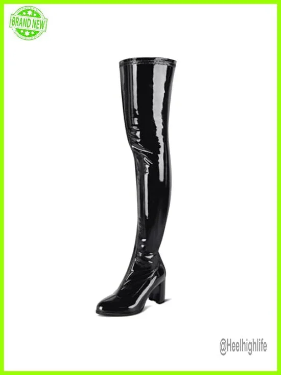 Thigh High Boots Pointed Toe Chunky Heels Patent Leather GOGO Cosplay Dance