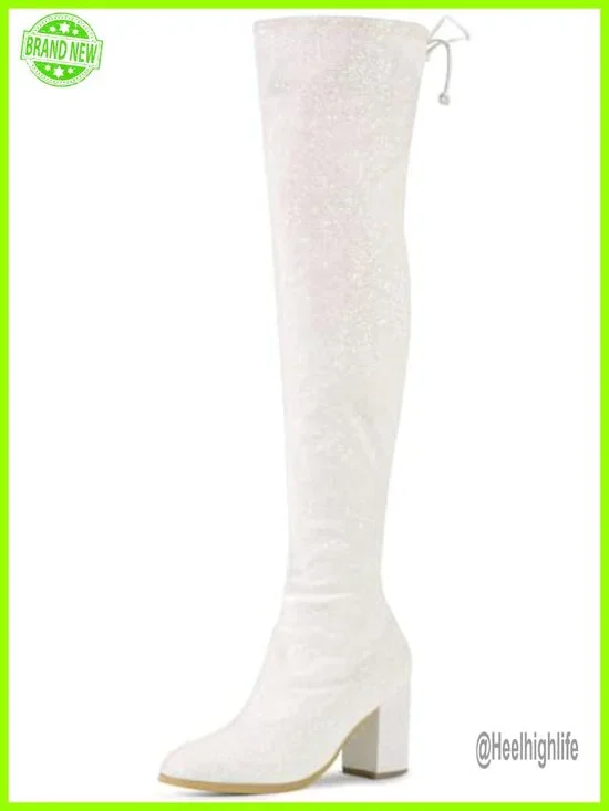 Over the Knee High Boots Chunky Heel Round Toe Glitter Lace Up Sparkly