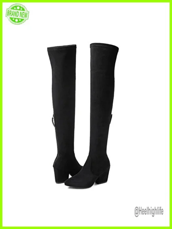 Over the Knee Boots Thigh High Suede Block Heel Winter OTK Pointed Toe Chunky