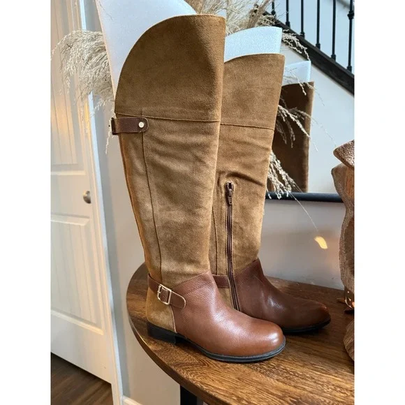 Naturalizer Rider Boots Wide Calf Brown Leather Suede Over Knee Riding Boots 6W