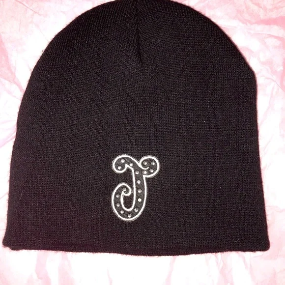 New JUSTICE rhinestone initial J letter knit beanie hat skull cap black warm