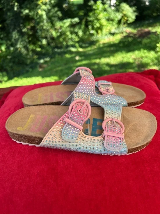 Justice Metallic Silver and Pastel Graphic Slide Sandal