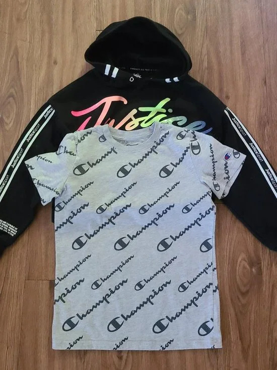 Justice Crop Hooded Jacket + Champion Short Sleeves Tee Girls Size M