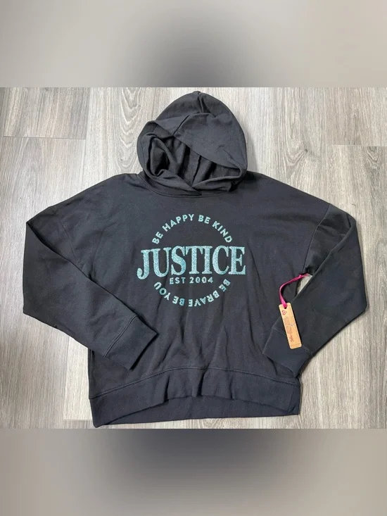 Justice Girls Happy Kind Brave Blue Glitter Hoodie Large 12/14 Black