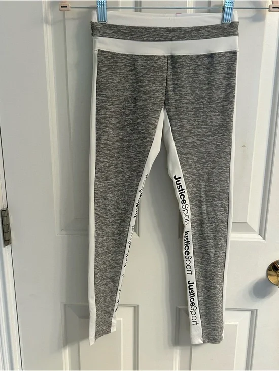 NWT-Girls Justice Gray & White Athletic Leggings with Logo Side Stripe
