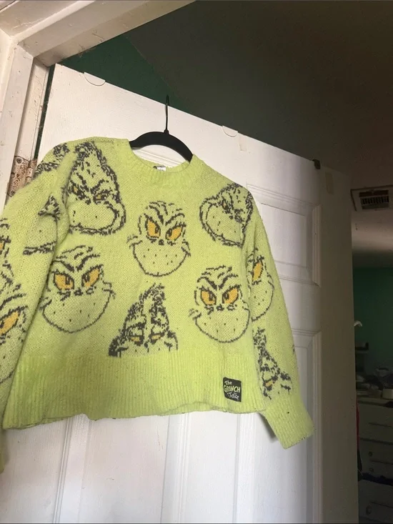 Justice Lime Green Grinch Face Knit Sweater with Yellow Eyes