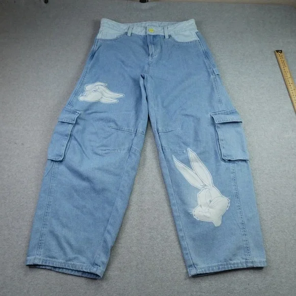 Justice x Looney Tunes Jeans Girls 18 Blue Bugs Bunny Wide Leg Cargo Carpenter