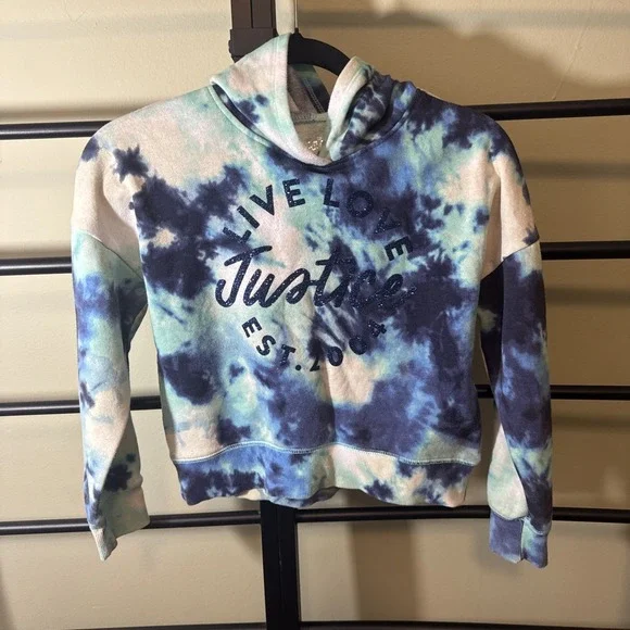 Justice Girls Tie Dye Hoodie Navy Blue &‎ Green Pullover Sweatshirt Small 7/8