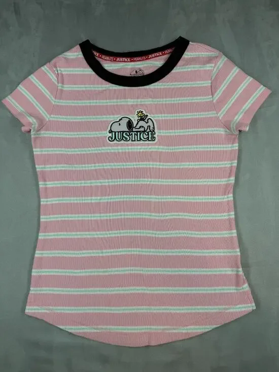 Justice Girl Snoopy XL Short Sleeve Ribbed T-Shirt Pink Sky Blue Stripe