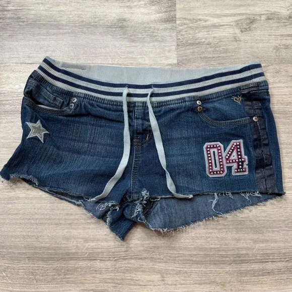 Justice Denim Shorts Star 04 Graphic Elastic Waist‎ Drawstring Girls 16.5
