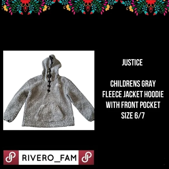 JUSTICE | CHILDRENS GRAY FLEECE JACKET HOODIE WITH FRONT POCKET | SIZE 6/7