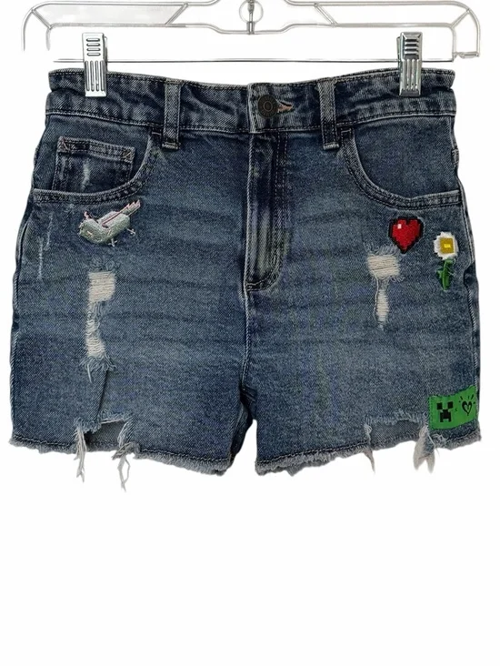 Justice Minecraft Blue Denim Shorts Girl 12 Embroidered Distressed Mini Mom