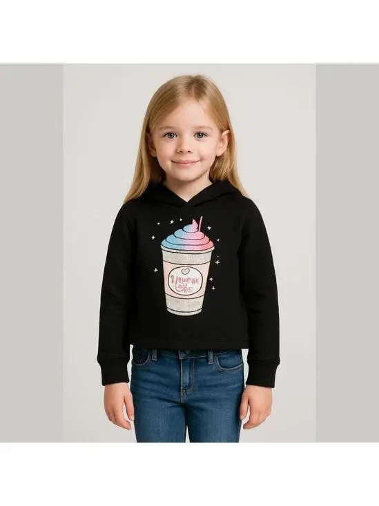 EUC Girls 8 Justice Cropped Hoodie Black Sparkle Logo Unicorn Latte