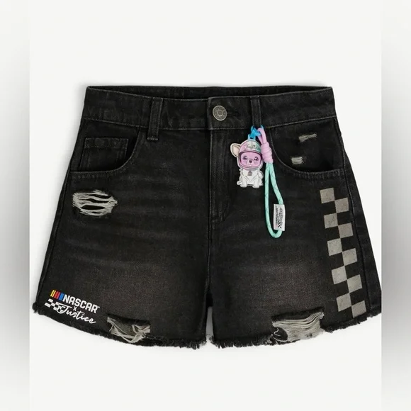 Justice‎ x NASCAR Girls Black Denim Shorts Size 6 NWT Keychain Included