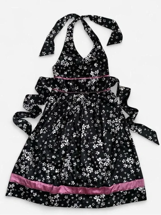 Y2k girls black floral satin halter dress