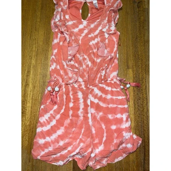 Justice Girls‎ 16 Peach White Tie-Dye Tassel Ruffle Sleeveless Short Romper
