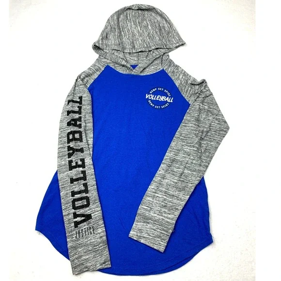 Justice Active Girls Blue‎ Grey Volleyball Hoodie Shirt Size 12 Bump Set Spike