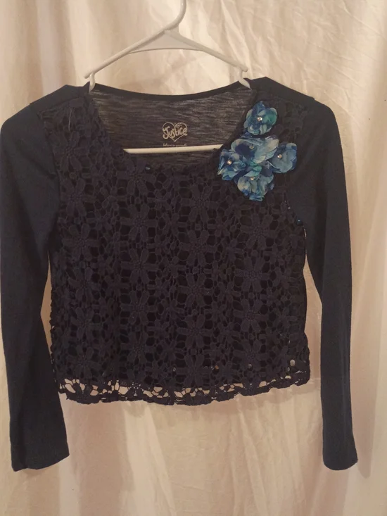 Justice Navy Long Sleeve Crochet Top with Blue Floral Applique