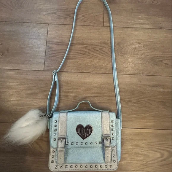 Justice Girls Studded Blue Crossbody Purse w/ LOVE Heart & Charm