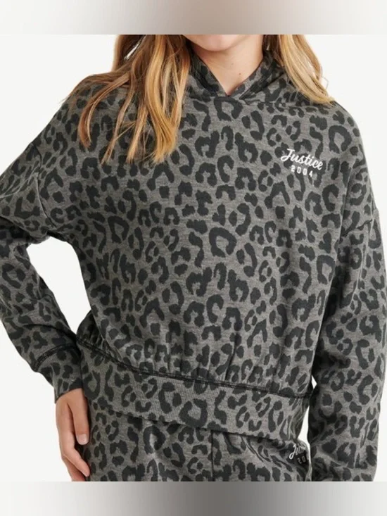 Justice Gray and Black Leopard Print Fleece Hoodie