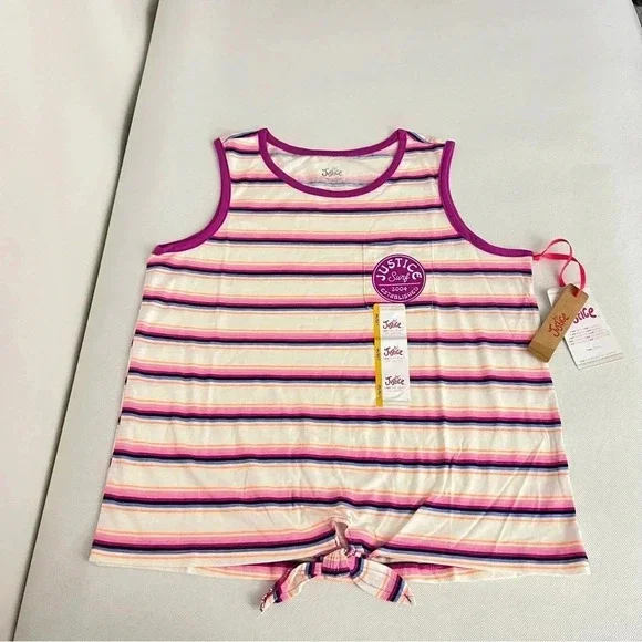 Justice Girls Graphic Tank Size Large ((12-14) Cream Warm Stripe Magenta