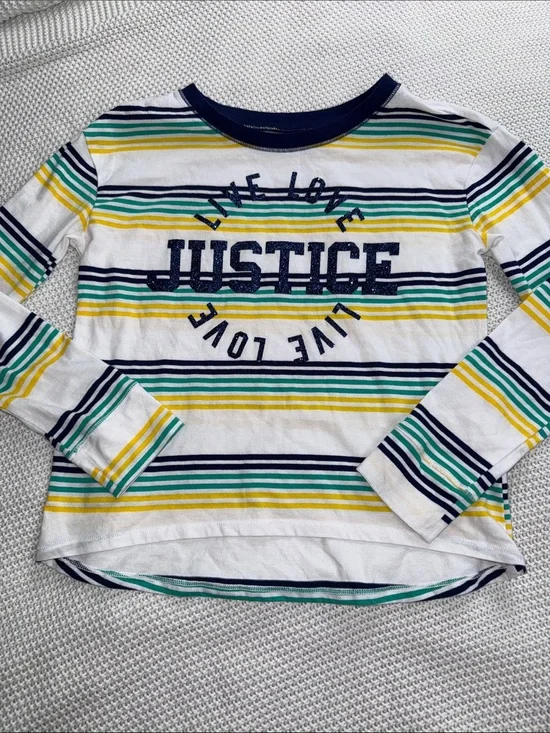 Justice White Striped Long Sleeve Tee with Navy, Yellow & Green