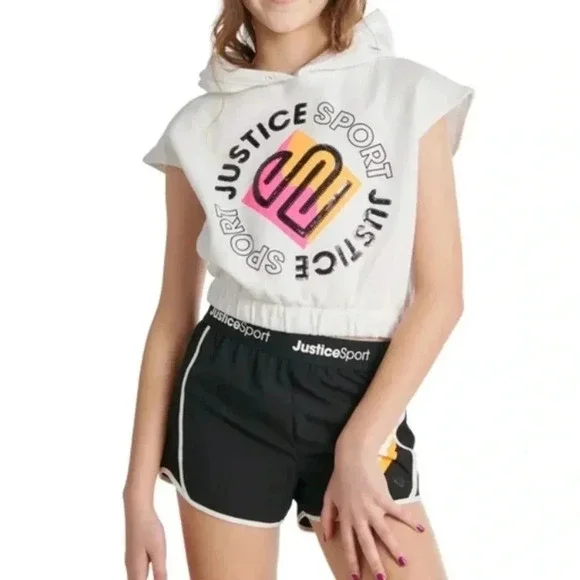 Justice Girls J-Sport Cut Off Hoodie Size Small (7/8) White Black Sequins