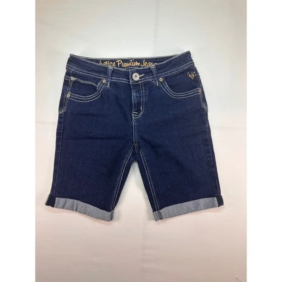 Justice Premium Jeans Girls Dark Wash Denim Bermuda Shorts Size 14R Cuffed Hem