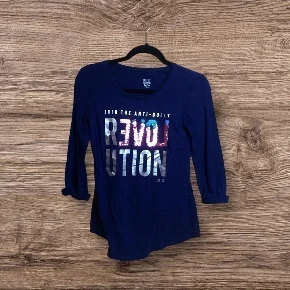 🎈3/$20!  Justice navy blue anti-bully sequin long sleeve T-shirt. 14/16. XL.