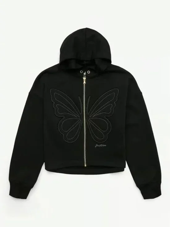 Justice Girls Black Butterfly Zip Up Hoodie Size M 10